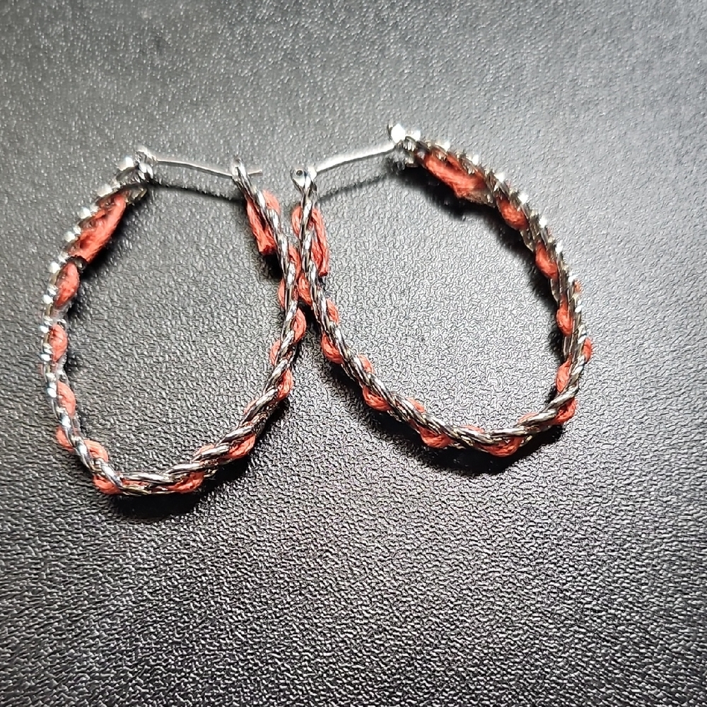 Silver Hoop Earrings with Coral Thread Accent